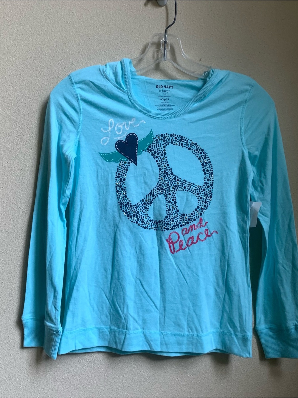 NWT Old Navy Girls’ Blue Long Sleeve Cotton Hoodie Shirt Top Peace School XL 14